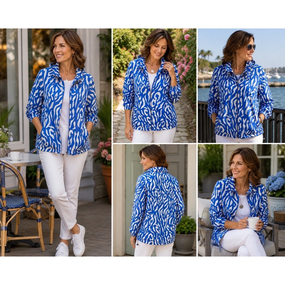 Chico's Women's Jacket 3Blue White Animal Print Travel‎ Casual Athleisure  light